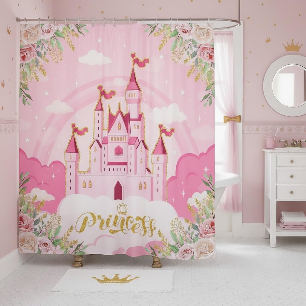 Amazon｜プリンセステーマシャワーカーテン、ピンクキャッスル